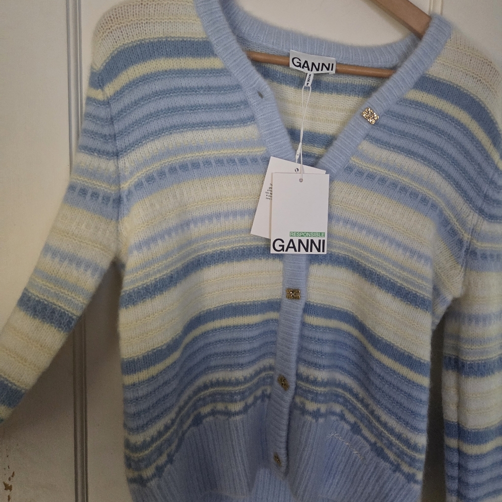 Ganni Blue and Cream Cardigan Sweater
